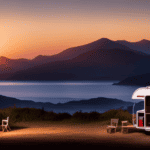 An image showcasing a gleaming camper parked in a picturesque natural setting, with a mesmerizing sunset casting vibrant hues across the sky