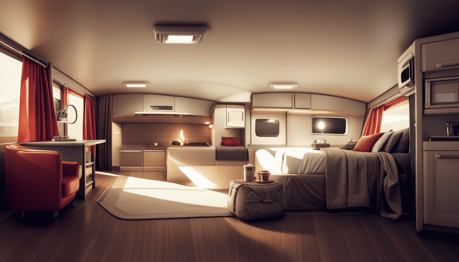 An image showcasing a cozy camper interior with a neatly made bed, vibrant curtains filtering sunlight, a compact kitchenette equipped with a stove, sink, and storage, and a comfortable seating area bathed in warm lighting