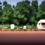 An image that showcases a picturesque campsite with a camper trailer parked on level ground