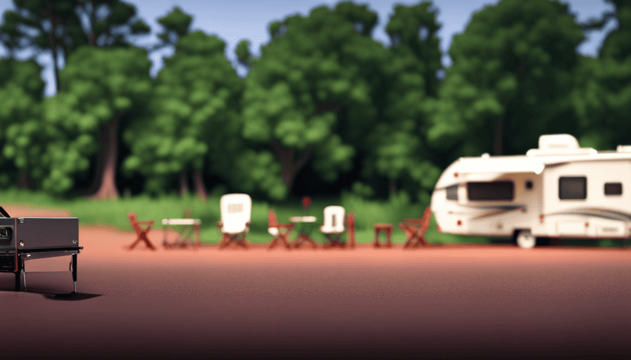 An image that showcases a picturesque campsite with a camper trailer parked on level ground