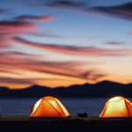 An image showcasing a serene campsite at dusk, with a camper parked on level ground