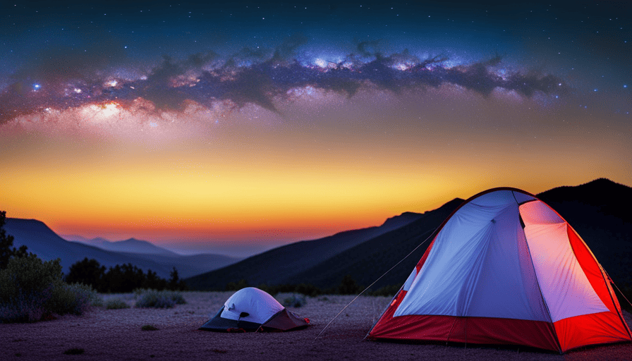 An image featuring a picturesque campsite, bathed in golden sunset hues, where a camper seamlessly aligns a portable satellite dish on a tripod, while the sky showcases a constellation of stars overhead