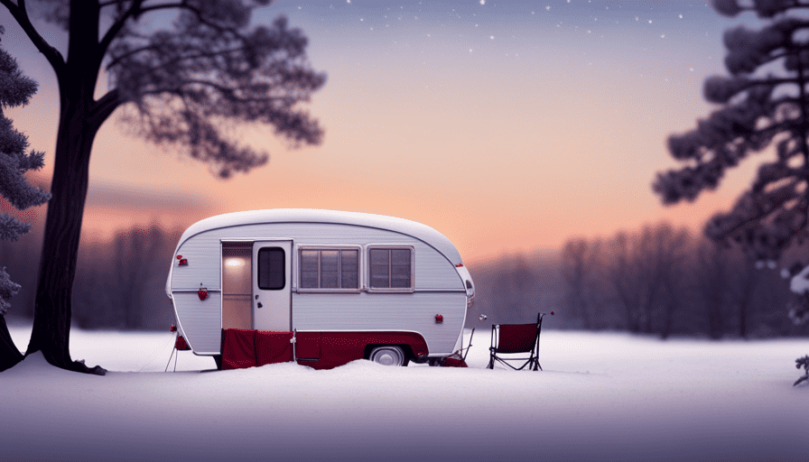 An image showcasing a cozy camper nestled in a winter wonderland