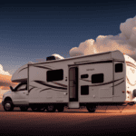 An image showcasing a 5th wheel camper parked on a level surface