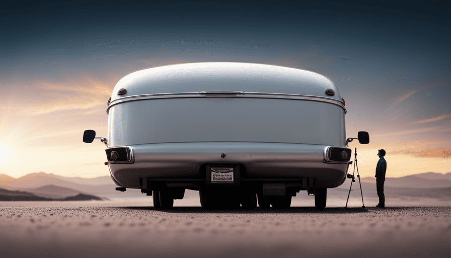 An image capturing a camper parked on a level surface, with two sturdy chocks placed firmly against the tires