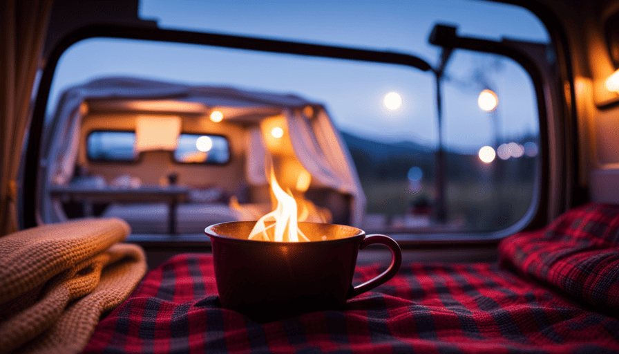 An image showcasing a cozy camper shell interior at dusk