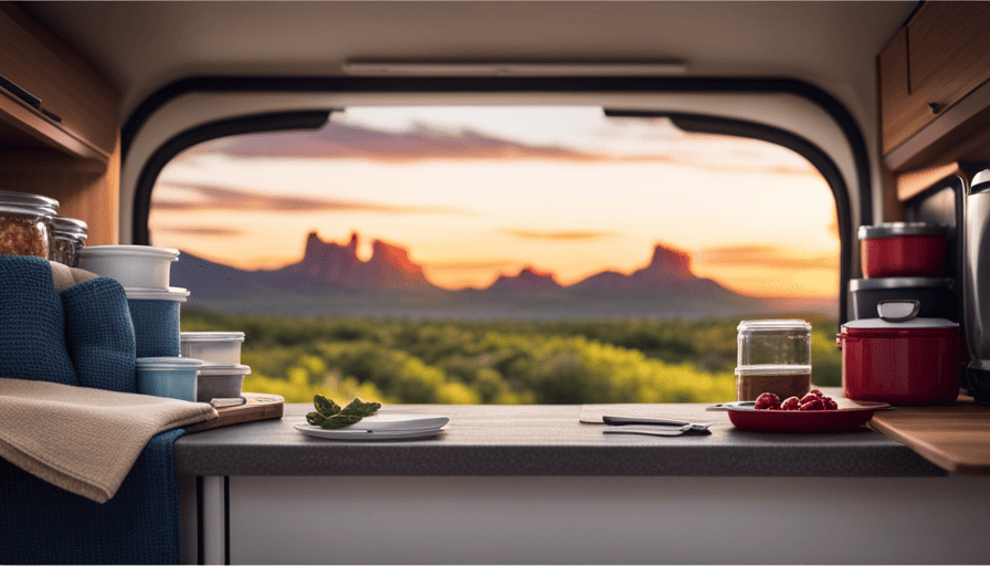 An image showcasing a fully stocked camper trailer, with neatly organized kitchen essentials, cozy bedding, outdoor gear, and a variety of canned foods, fresh produce, and drinks stored in the fridge and pantry
