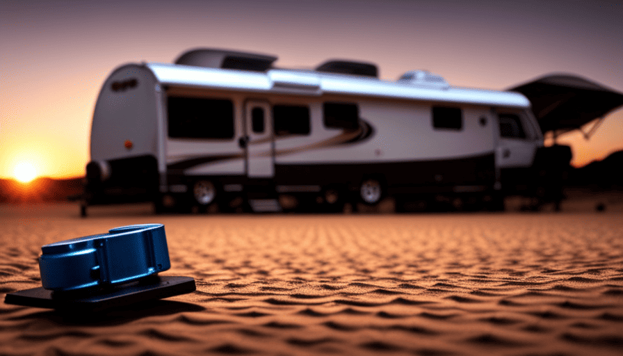 An image showcasing a leveled camper parked on sturdy, chocked wheels