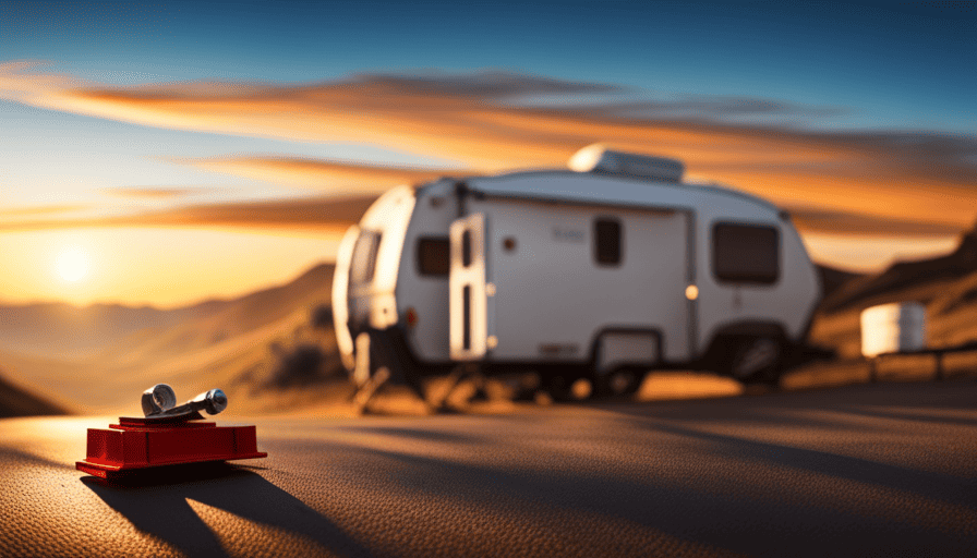 An image showcasing a sturdy, leveled camper anchored securely with sturdy wheel chocks, a solid stabilizing jack, and a reinforced stabilizer bar, ensuring minimal rocking and shaking during your camping adventures