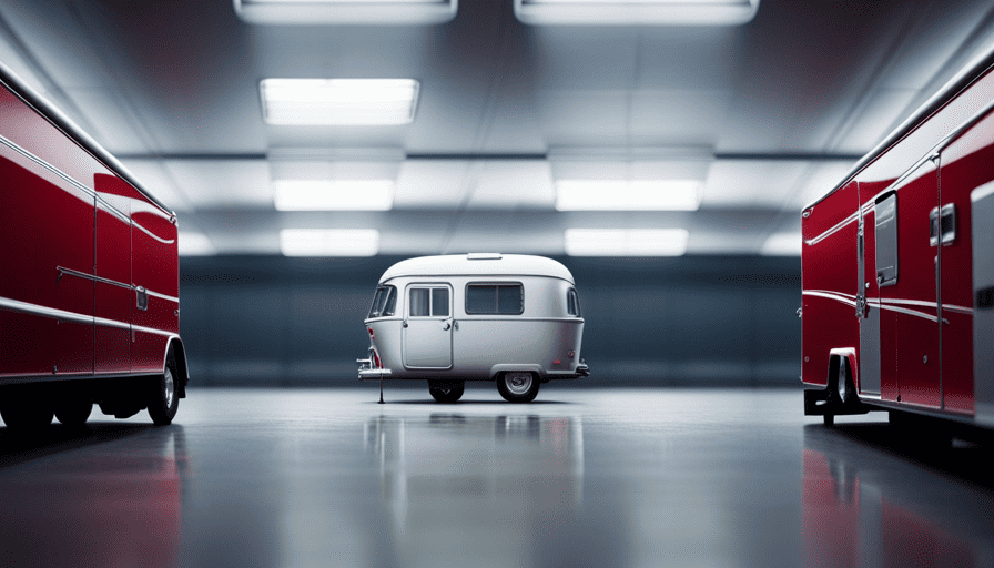 An image of a neatly organized camper trailer stored in a spacious garage