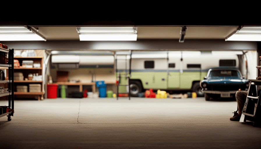 An image that showcases a spacious garage with sturdy shelves neatly organizing camping gear, while a camper sits securely on a designated spot