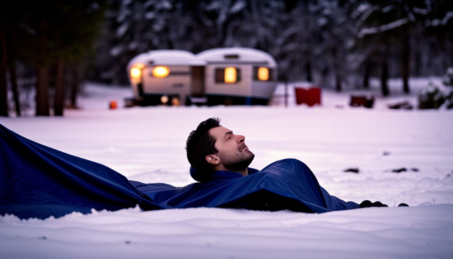 An image capturing a camper resting peacefully in a picturesque winter wonderland