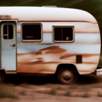An image showcasing a close-up shot of a camper's exterior, revealing cracked and peeling paint, warped wood panels, and discolored patches