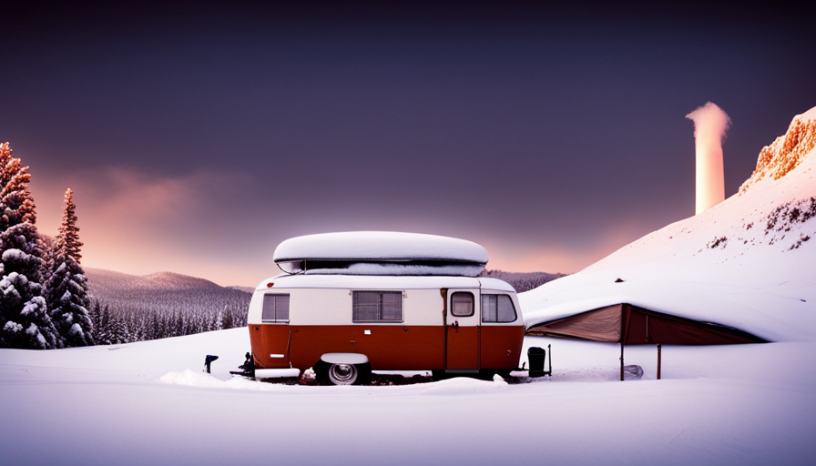 An image featuring a camper surrounded by a picturesque winter landscape, showcasing thick snow covering the roof, double-paned windows, reinforced insulation, and a smokestack emitting warmth, illustrating its capability to withstand extreme cold