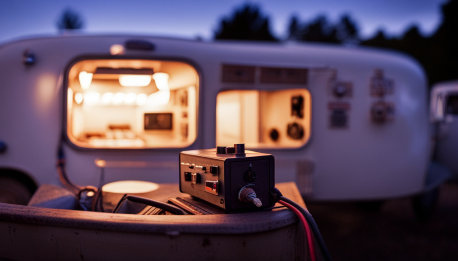 An image showcasing a close-up of a camper's electrical panel, with flickering lights and sparks emanating from the converter