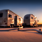 An image depicting a step-by-step guide to tying down a camper: a sturdy, weathered rope looped around the camper's frame, securely fastened to the ground with heavy-duty stakes