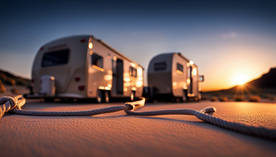 An image depicting a step-by-step guide to tying down a camper: a sturdy, weathered rope looped around the camper's frame, securely fastened to the ground with heavy-duty stakes