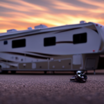 An image that showcases a sturdy fifth wheel camper parked on a level surface, with its front jacks lowered, rear stabilizers extended, and all four corners securely fastened using heavy-duty ratchet straps and chocks