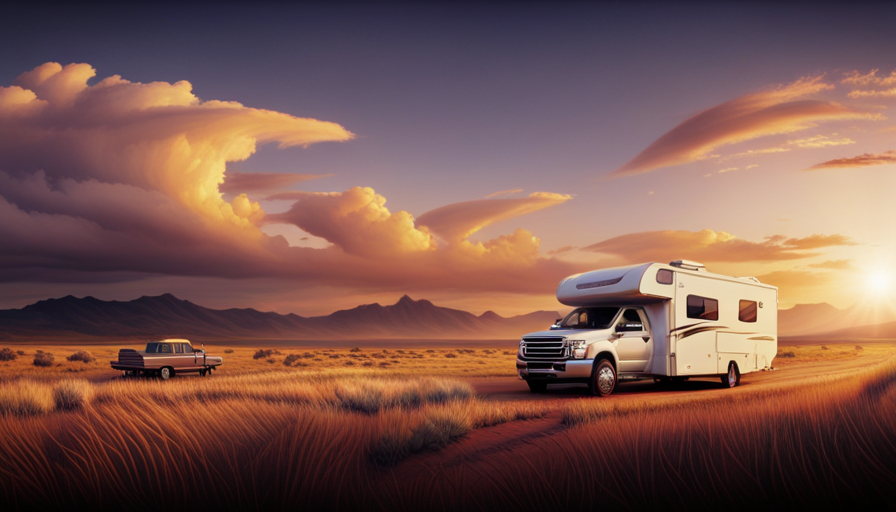 An image depicting a sturdy truck securely hitched to a spacious camper, showcasing a level road, clear weather, and a knowledgeable driver confidently maneuvering the vehicle, emphasizing the seamless process of towing a camper