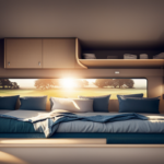 An image that showcases a vibrant, sunlit bus interior transformed into a cozy camper haven
