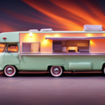 An image showcasing a vibrant, retro-style camper transformed into a fully-equipped food truck