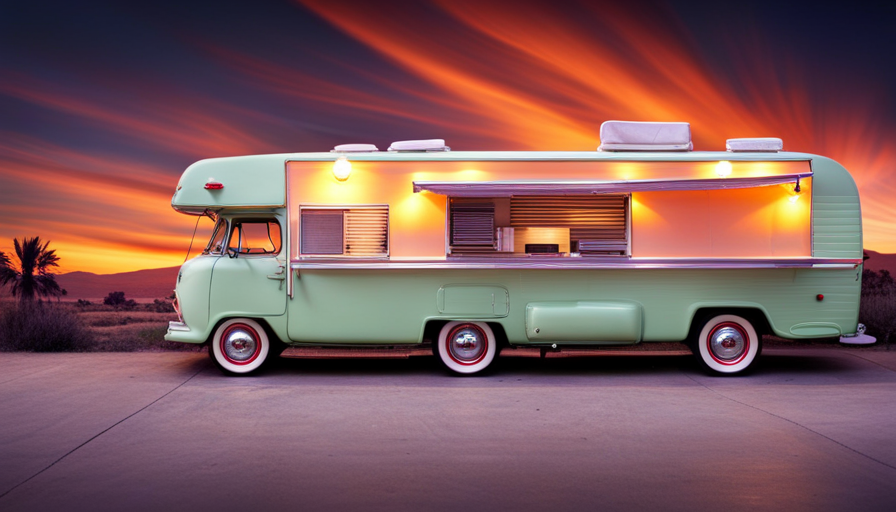 An image showcasing a vibrant, retro-style camper transformed into a fully-equipped food truck