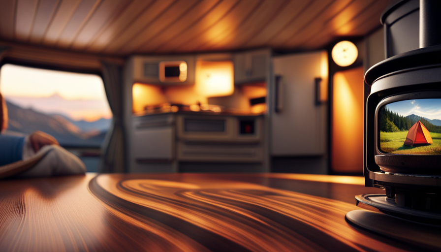 An image capturing the interior of a cozy camper, illuminated by warm, flickering light from a wood-burning stove