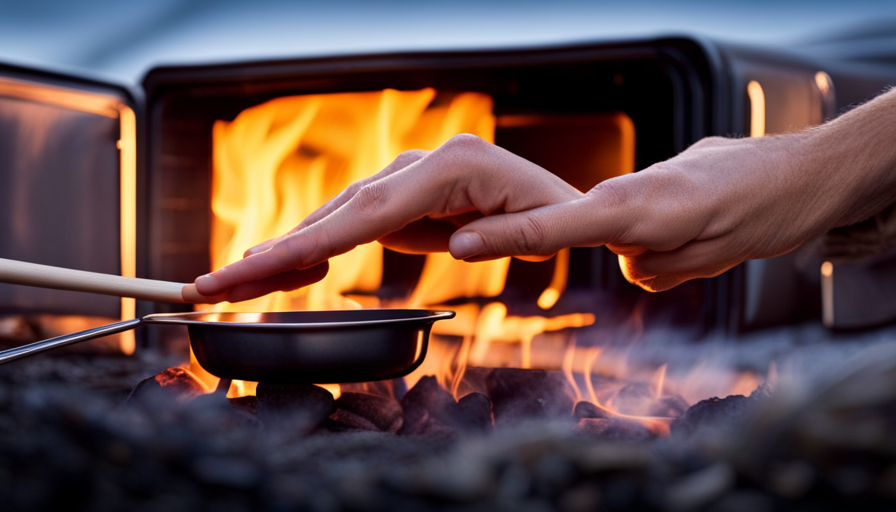 An image capturing the process of turning on a camper oven, featuring a close-up of a hand effortlessly twisting the oven knob, flames igniting inside, and a warm glow emanating from the oven door