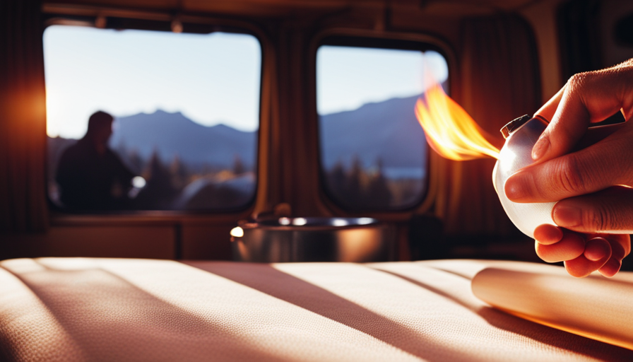 the essence of coziness: Against a backdrop of a chilly autumn landscape, a camper's interior is illuminated in warm hues