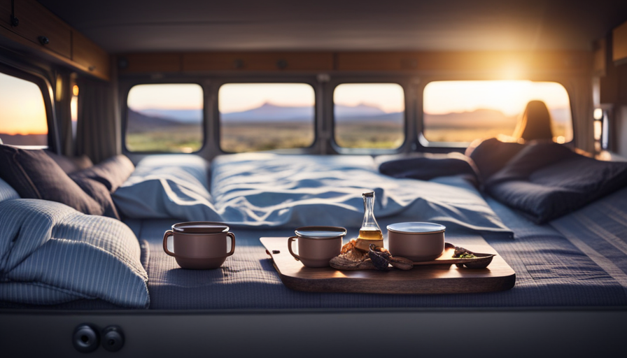 An image that showcases a van's interior transformed into a cozy camper, with a comfortable bed adorned with soft pillows and blankets, a compact kitchenette equipped with a stove, sink, and utensils, and storage compartments neatly organized with camping gear