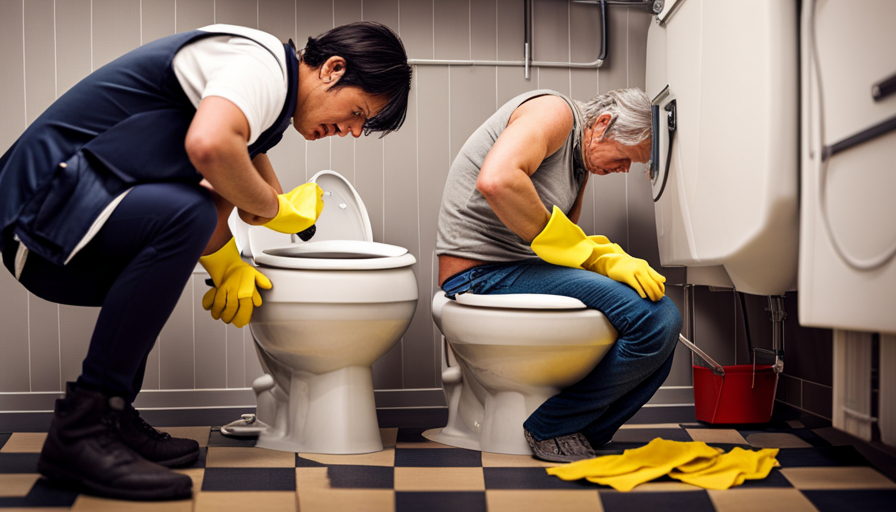 An image featuring a person wearing rubber gloves, kneeling beside a camper toilet