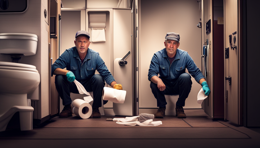 An image featuring a person wearing gloves, holding a plunger and removing toilet paper from the clogged camper toilet