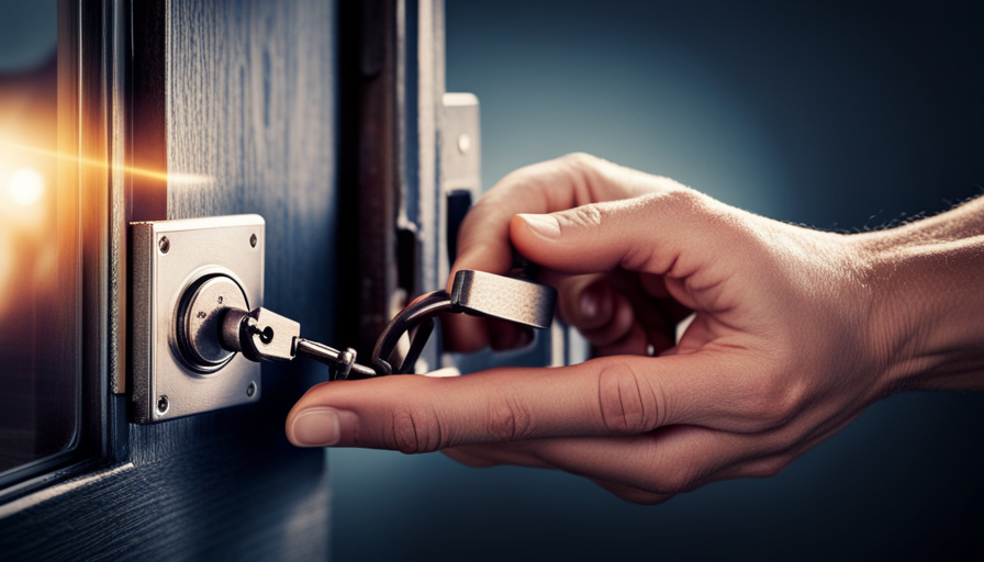 An image showcasing a close-up of skilled hands deftly manipulating a lock, as sunlight streams through the window, revealing the intricate mechanism behind a camper door, illustrating the step-by-step process of unlocking it