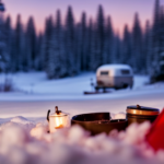An image showcasing a snow-covered forest scene, with a cozy camper parked amidst the trees