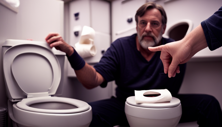 An image showcasing a person comfortably seated on a camper toilet, demonstrating the proper posture and hand placement