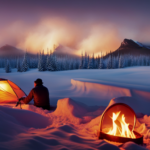 An image showcasing a cozy winter scene: a camper surrounded by a snow-covered forest, smoke curling from its chimney, warm light emanating through frosty windows, and a person roasting marshmallows by a crackling fire