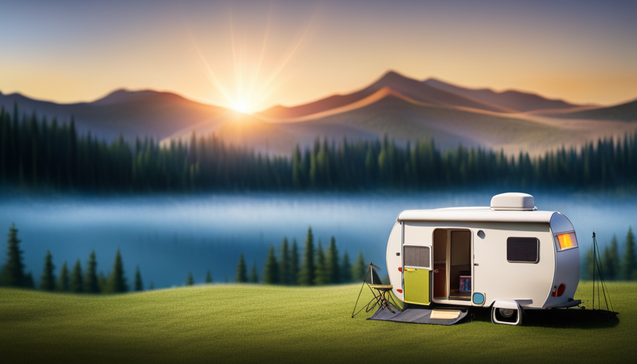 An image showcasing a sunny campground with a camper roof covered in Flex Seal