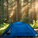An image that captures a serene outdoor scene with a person effortlessly setting up a Bright Blue Happy Camper tent amidst a lush green forest, basking in warm sunlight filtering through towering trees