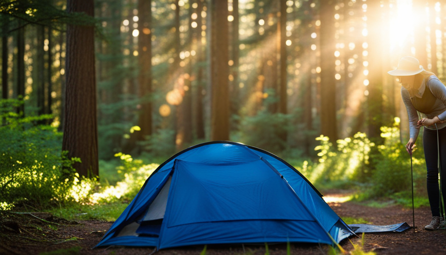 An image that captures a serene outdoor scene with a person effortlessly setting up a Bright Blue Happy Camper tent amidst a lush green forest, basking in warm sunlight filtering through towering trees