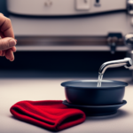 An image showcasing a camper's hot water heater usage: a person adjusting the temperature knob, steam rising from the faucet, warm water flowing into a sink, and a cozy towel hanging nearby