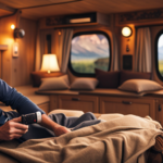 An image showcasing a cozy camper interior: a panoramic view of a compact TV mounted on a swivel arm, surrounded by plush cushions, with a rustic backdrop of wood-paneled walls and string lights, inviting readers to learn how to watch TV in a camper