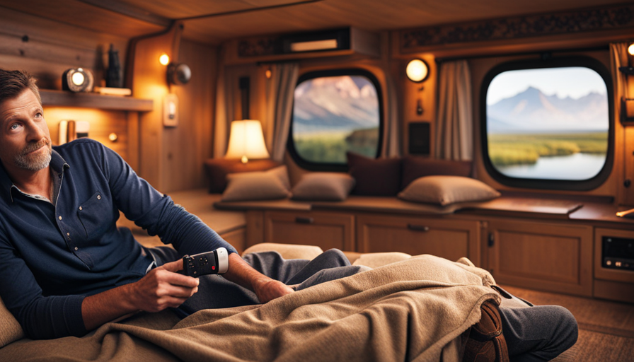 An image showcasing a cozy camper interior: a panoramic view of a compact TV mounted on a swivel arm, surrounded by plush cushions, with a rustic backdrop of wood-paneled walls and string lights, inviting readers to learn how to watch TV in a camper