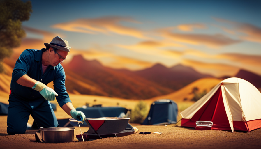 An image showcasing a sunlit campground, with a person wearing protective gloves and carefully applying a coat of wax to a shiny camper's exterior