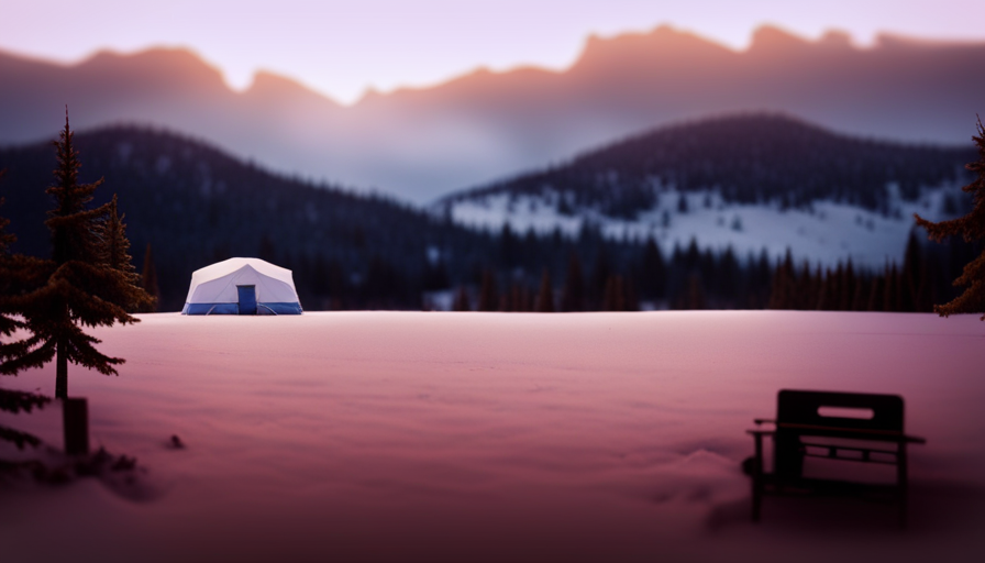 An image showcasing a 5th wheel camper surrounded by a winter wonderland