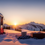 An image capturing the process of winterizing a camper to live in: showcase a cozy interior with insulated walls, sealed windows, wrapped pipes, and a fireplace, surrounded by snowy landscapes and protective covers