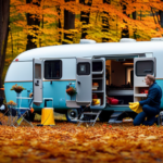 An image capturing a camper surrounded by colorful autumn leaves, with a person disconnecting the water hose, draining the tanks, covering the tires, sealing windows, and insulating vents, showcasing step-by-step winterization without an air compressor