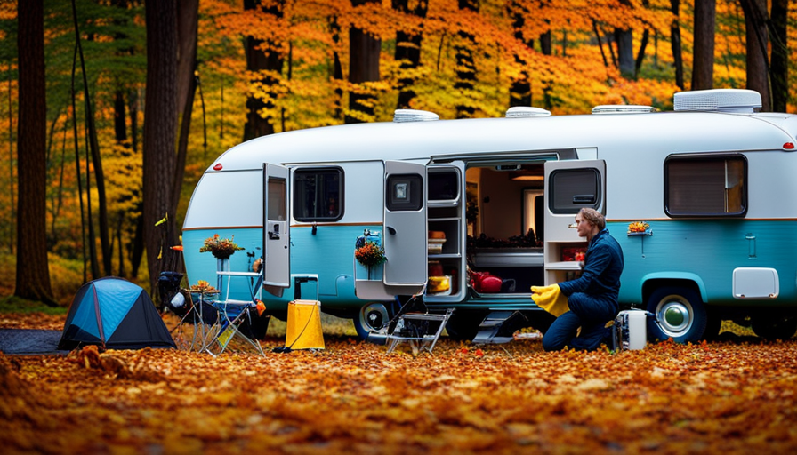 An image capturing a camper surrounded by colorful autumn leaves, with a person disconnecting the water hose, draining the tanks, covering the tires, sealing windows, and insulating vents, showcasing step-by-step winterization without an air compressor
