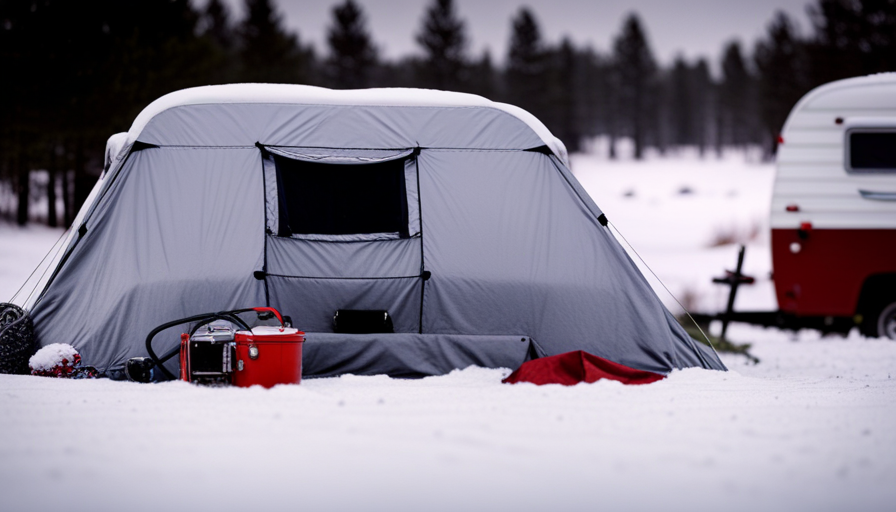 An image showcasing a camper tucked away in a cozy winter wonderland, surrounded by a thick layer of snow