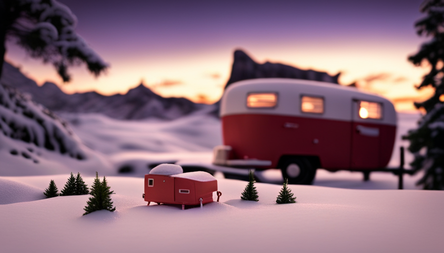 An image showcasing a cozy pop-up camper surrounded by a winter wonderland