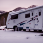 An image featuring a close-up of an RV camper surrounded by a snowy landscape